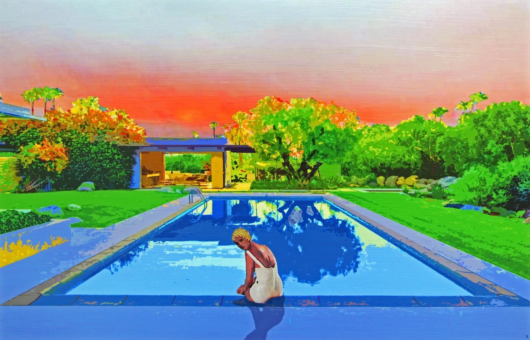 Image with vibrant colors of woman in white bathing suit sitting at edge of pool looking back over her shoulder at us.